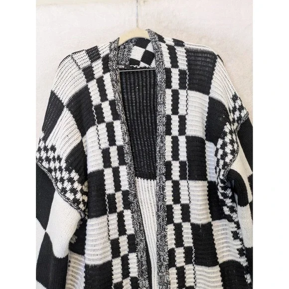 BTFBM Womens Black White Checkerboard ColorblockCardigan Sweater S - Picture 3 of 10